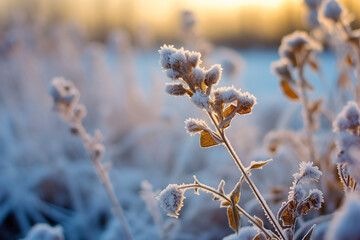 Serene Winter Morning: Beautiful Plants Glistening with White Frost - Cold Frosty Nature Scene - Created with Generative AI Tools