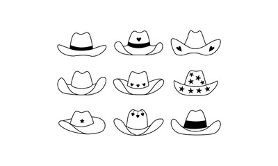 Set of outline cowgirl hats with stars and hearts. Vector illustration of cowboy hats. Western accessories icons collection