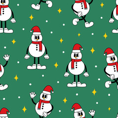 Seamless pattern with christmas snowman and stars. Vector holiday background. Retro groovy character, vintage mascot