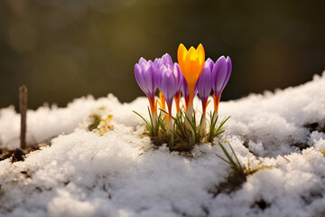 Vibrant Crocuses Emerging Through Snow - Spring Blooms in Snowy Landscape - Created with Generative AI Tools