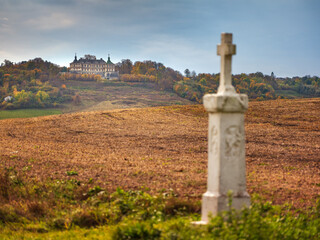 Fototapeta na wymiar cross on tomb stone in filed and view to palace on hill in autumn day