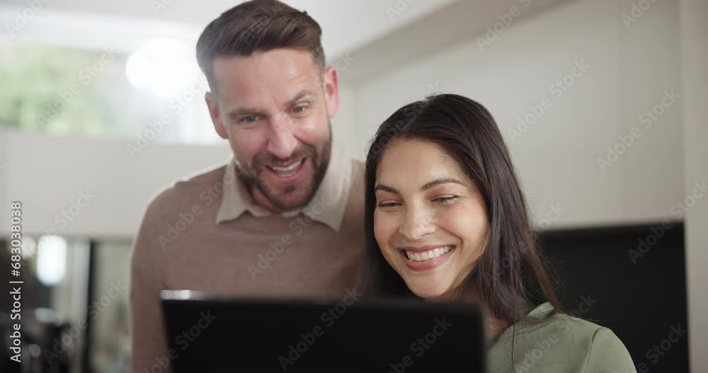 Aufkleber tablet, wave and video call with an interracial couple in their home together for internet communica