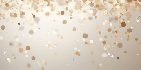 Golden confetti on beige background, abstract background with copy space for text