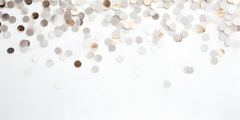 Silver confetti on white background, abstract background with copy space for text