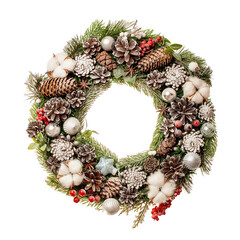 Fototapeta na wymiar wreath garland New Year's fir branch with toys decorations, festive Christmas decoration, isolated on white background