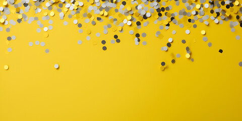 Silver confetti on yellow background, abstract background with copy space for text