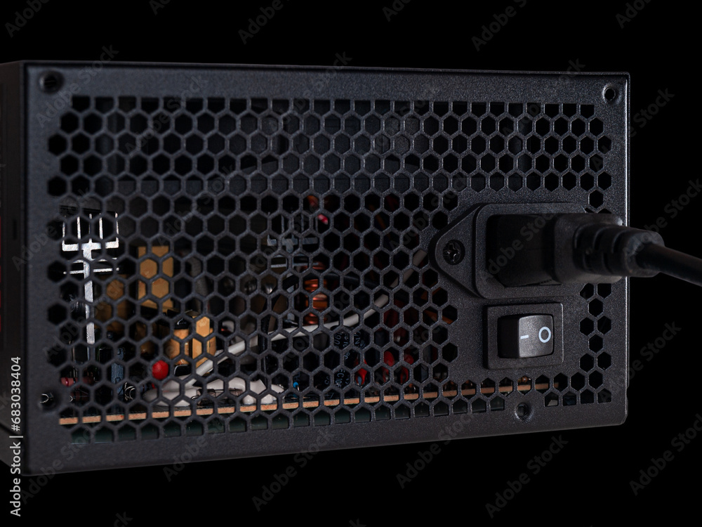 Poster electrical power supply psu for computer system unit components isolated on a black background