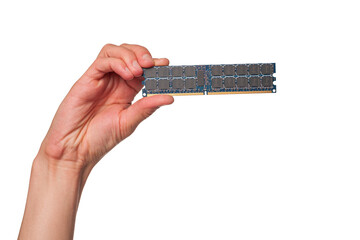 Hand holding RAM modules to assemble a computer, choosing the right components for a computer,...