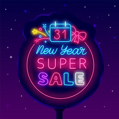 New Year super sale neon street billboard. Glowing outdoor advertising. Calendar, firework and bow. Vector illustration