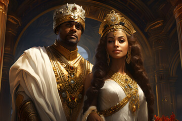 Illustration of African king and queen in luxurious royal clothes in the palace, AI,