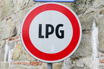 LPG not allowed to park in underground parking garages. traffic sign - No transit for LPG cars....