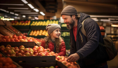 Father and daughter buying fruit at the grocery - obrazy, fototapety, plakaty