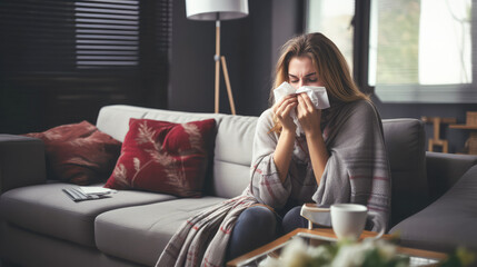 woman with flu blowing her nose on the couch at home