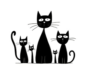 Black cats sitting on white background. Pencil sketch, abstract, children drawing