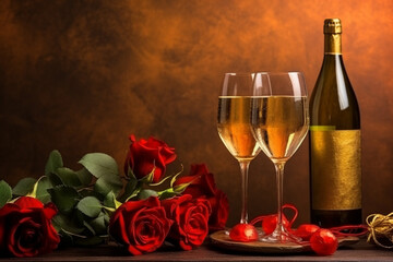 High-Quality Valentine's Day Background with Champagne Glasses and Red Roses - Created with generative AI tools