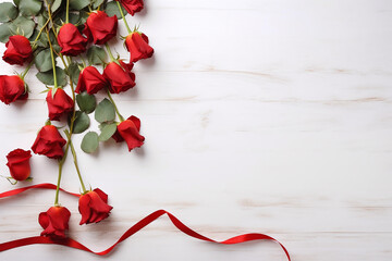 Love and Valentine's Day Concept with Red Rose and Heart Ribbon on Black Wooden Background - Top View with Copy Space, Flat Lay - Created with generative AI tools