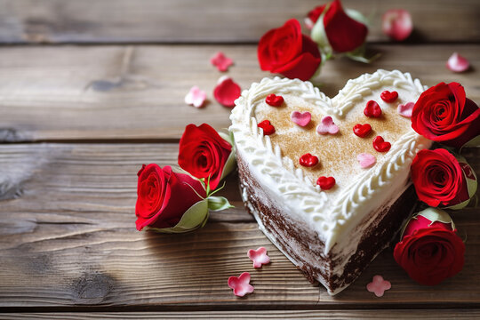 High-Quality Heart-Shaped Cake with Hearts and Roses on Wooden Background - Created with generative AI tools