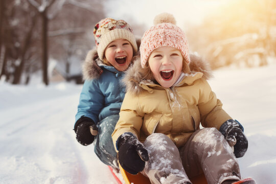 laughing children sledding down a hill in the winter among white snow