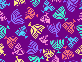 Hanukkah seamless pattern with Menorah with nine candles. Lighted Hanukkah candles. Design of greeting cards, banners and promotional products. Vector illustration