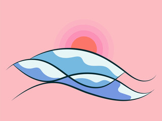 Winter landscape with snowy hills in line art style. Mountain sunrise in a minimalist style. View of the snowy hills. Design for posters, banners and promotional products. Vector illustration