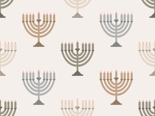 Hanukkah seamless pattern with Menorah with nine candles. Lighted Hanukkah candles. Design of greeting cards, banners and promotional products. Vector illustration