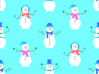 Christmas seamless pattern with snowmen made from three snowballs. A snowman with a carrot instead of a nose, wearing a scarf and mittens, and a Santa Claus hat on his head. Vector illustration