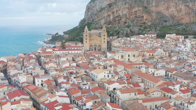 Aerial view of the beautiful resort town of Cefalu, a commune in the province of Palermo, in the region of Sicily, Italy. Unesco