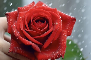 Romantic Close-Up of Red Rose with Dew Drops in a White Hand - Valentine's Day Background - Created with generative AI tools