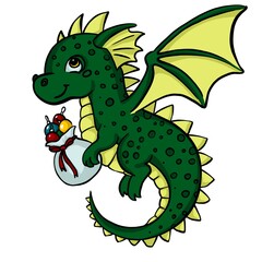 cute baby dragon with bag of Christmas ball isolated on white background . cartoon character, green wood symbol of new 2024 year. Christmas design for greeting card, sticker and print