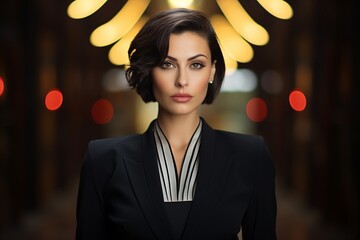 Sleek Businesswoman Portrait: An art deco-themed depiction of a powerful businesswoman in a sleek black suit, radiating confidence and success with an aura of sophistication