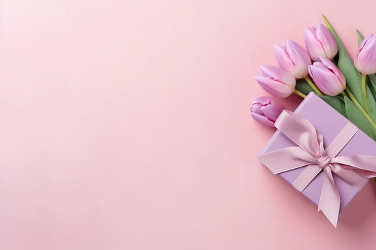 Stylish Gift Box with Ribbon Bow and Bouquet of Tulips - Valentine's Day Concept - Created with generative AI tools