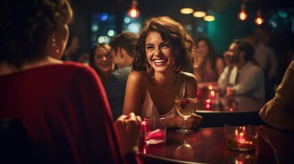 Obraz na płótnie Canvas young woman holding a cocktail glass and laughing with her friends at a table, upscale nightclub