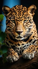 Obraz premium A majestic jaguar perched on a tree branch, staring into the distance with its piercing green eyes
