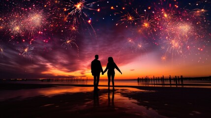 silhouette of a couple walking hand in hand on the beach with fireworks lighting up the night sky - obrazy, fototapety, plakaty
