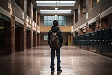 school boy stand alone in corridor, back view