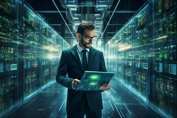 man in futuristic data center use laptop - obrazy, fototapety, plakaty