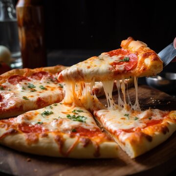 A pizza being sliced with a sharp cutter, emphasizing the crispy texture of the crust