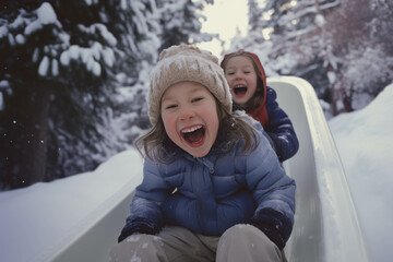 laughing children sledding down a hill in the winter among white snow