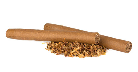 Heap of tobacco and cigar isolated on a white background