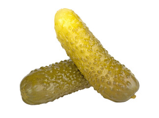 Two marinated pickled cucumbers isolated on white background