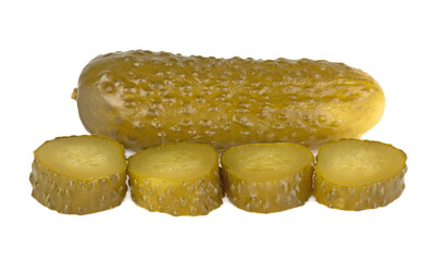 One pickled cucumber cut in half on white background