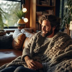 Obraz premium A man knitting a large blanket while sitting on a comfortable couch in his living room