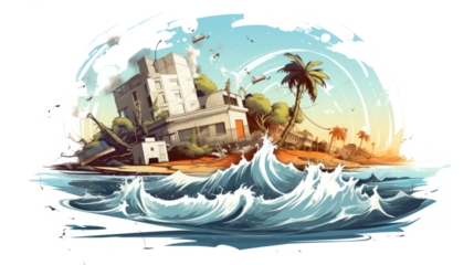 Tsunami Engulfing Buildings, Natural Disaster Concept