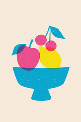 Poster with fruit in a bowl in risograph style. Vector graphics.