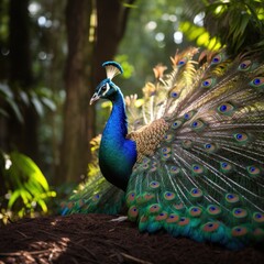 Obraz premium A regal peacock strutting through the forest, its iridescent feathers shimmering in the sunlight
