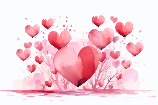 Watercolor hearts of different sizes in pink colors, on a white watercolor background with copy space. Wedding and Valentine's Day card. AI generated.