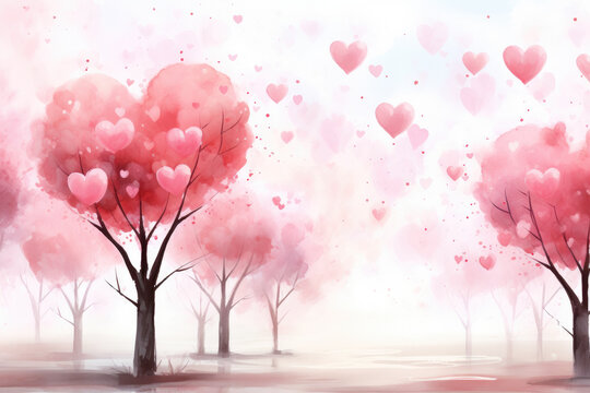Watercolor or horizontal drawing with pink trees in an urban park on a background of pastel tones and small hearts. Valentine's Day. Ai generated.