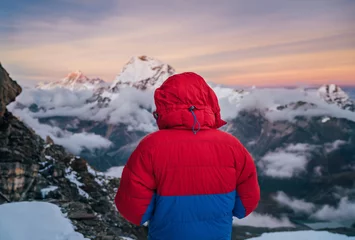 Store enrouleur occultant sans perçage Makalu Climber dressed down jacket parka enjoying Makalu fifth highest mountain in world and Chamlang beautiful early morning shot from Mera Peak mount with snowy path. Beauty in Nature and traveling concept