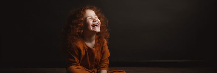 Portrait of a little girl laughing in front of black background. Banner. Copyspace. Generation AI
