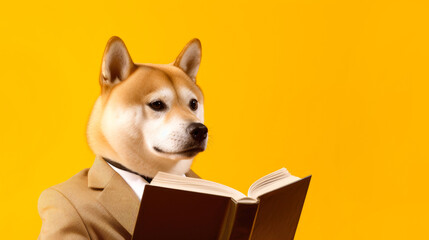 Dog with glasses reads a book on an orange background with space for text. Banner, copyspace